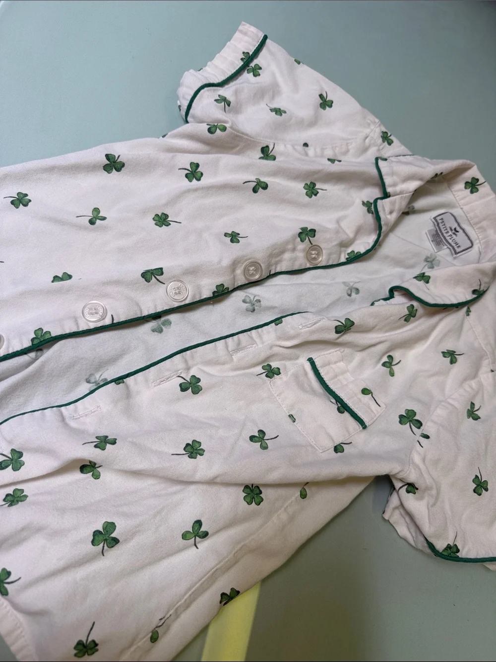Petite Plume Cream Kids Pajama Set with Green Clover Print
